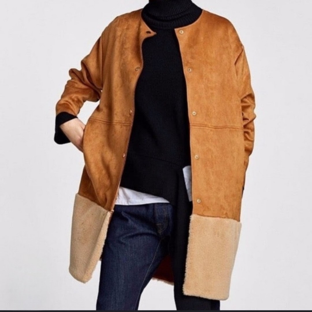 Zara Faux Suede Tan and Cream Fur Trimmed Jacket Oversized Small